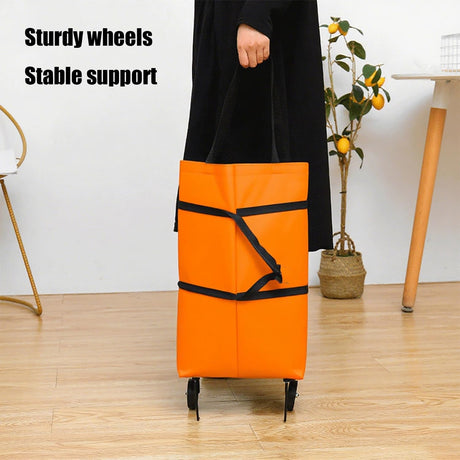 2-in-1 Collapsible Shopping Trolley with Wheels – Foldable Grocery Cart, Reusable Waterproof Oxford Bag for Supermarket, Picnic & Travel (Orange)