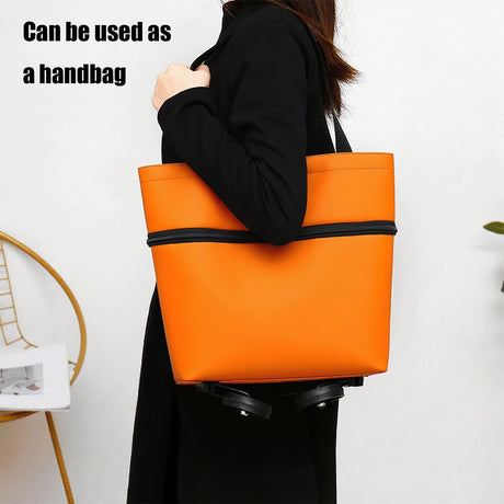 2-in-1 Collapsible Shopping Trolley with Wheels – Foldable Grocery Cart, Reusable Waterproof Oxford Bag for Supermarket, Picnic & Travel (Orange)