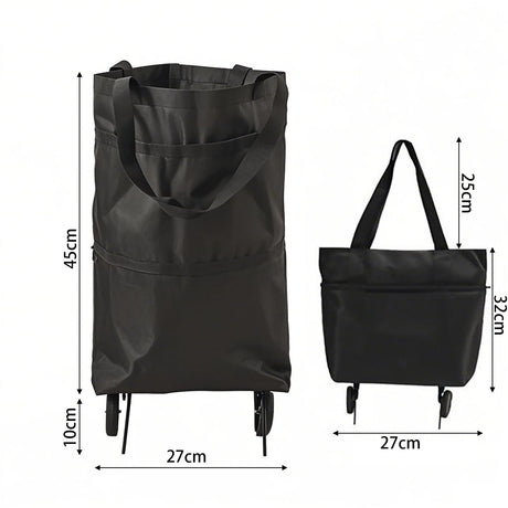 2-in-1 Collapsible Shopping Trolley with Wheels – Foldable Grocery Cart, Reusable Waterproof Oxford Bag for Supermarket, Picnic & Travel (Black)