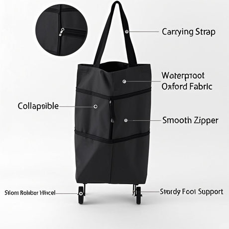 2-in-1 Collapsible Shopping Trolley with Wheels – Foldable Grocery Cart, Reusable Waterproof Oxford Bag for Supermarket, Picnic & Travel (Black)