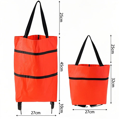 2-in-1 Collapsible Shopping Trolley with Wheels – Foldable Grocery Cart, Reusable Waterproof Oxford Bag for Supermarket, Picnic & Travel (Red)