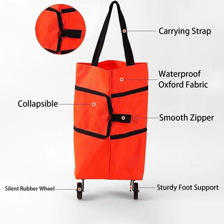 2-in-1 Collapsible Shopping Trolley with Wheels – Foldable Grocery Cart, Reusable Waterproof Oxford Bag for Supermarket, Picnic & Travel (Red)