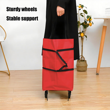 2-in-1 Collapsible Shopping Trolley with Wheels – Foldable Grocery Cart, Reusable Waterproof Oxford Bag for Supermarket, Picnic & Travel (Red)