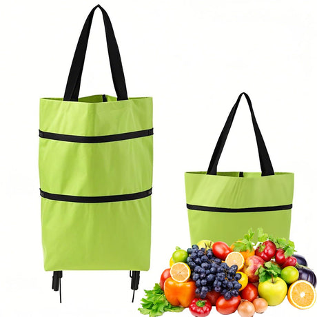 2-in-1 Collapsible Shopping Trolley with Wheels – Foldable Grocery Cart, Reusable Waterproof Oxford Bag for Supermarket, Picnic & Travel (Green)