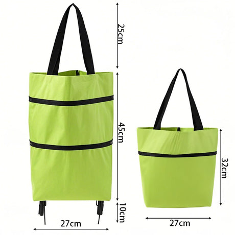 2-in-1 Collapsible Shopping Trolley with Wheels – Foldable Grocery Cart, Reusable Waterproof Oxford Bag for Supermarket, Picnic & Travel (Green)
