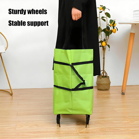 2-in-1 Collapsible Shopping Trolley with Wheels – Foldable Grocery Cart, Reusable Waterproof Oxford Bag for Supermarket, Picnic & Travel (Green)