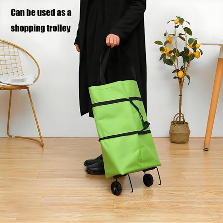 2-in-1 Collapsible Shopping Trolley with Wheels – Foldable Grocery Cart, Reusable Waterproof Oxford Bag for Supermarket, Picnic & Travel (Green)