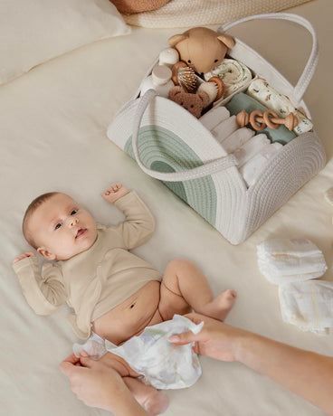 Portable Cotton Rope Diaper Caddy – Large Baby Storage Basket with Removable Dividers and Handles for Nursery, Car, Travel – Stylish Organizing Bin for Newborn Essentials (Mint Rainbow)
