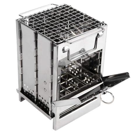 Portable Folding Camping Stove with Grill – Stainless Steel Wood-Burning Fire Pit for Hiking, Backpacking, BBQ & Outdoor Cooking (Silver)