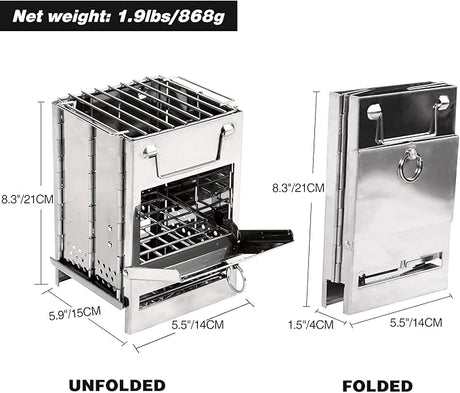 Portable Folding Camping Stove with Grill – Stainless Steel Wood-Burning Fire Pit for Hiking, Backpacking, BBQ & Outdoor Cooking (Silver)