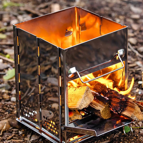 Portable Folding Camping Stove with Grill – Stainless Steel Wood-Burning Fire Pit for Hiking, Backpacking, BBQ & Outdoor Cooking (Silver)