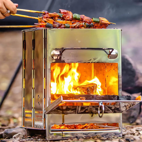 Portable Folding Camping Stove with Grill – Stainless Steel Wood-Burning Fire Pit for Hiking, Backpacking, BBQ & Outdoor Cooking (Silver)