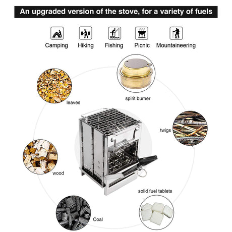 Portable Folding Camping Stove with Grill – Stainless Steel Wood-Burning Fire Pit for Hiking, Backpacking, BBQ & Outdoor Cooking (Silver)