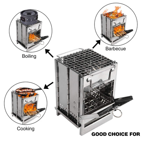 Portable Folding Camping Stove with Grill – Stainless Steel Wood-Burning Fire Pit for Hiking, Backpacking, BBQ & Outdoor Cooking (Silver)