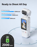 Handheld Pocket Camera – 2.5K UHD, 180° Rotating Lens, Fill Light, 2000mAh Battery, No App Needed, 32GB Included, for Vlog & Travel (White)