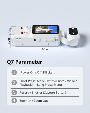 Handheld Pocket Camera – 2.5K UHD, 180° Rotating Lens, Fill Light, 2000mAh Battery, No App Needed, 32GB Included, for Vlog & Travel (White)
