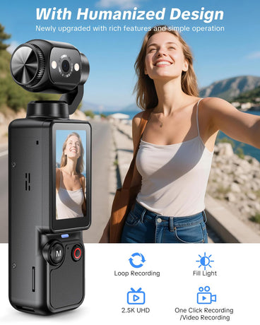 Handheld Pocket Camera – 2.5K UHD, 180° Rotating Lens, Fill Light, 2000mAh Battery, No App Needed, 32GB Included, for Vlog & Travel (Black)