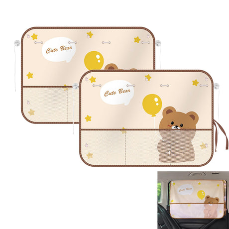 Cute Bear Car Sunshade Set of 2 – Side Window Curtain with Storage Mesh Pockets and Suction Cups for Kids – UV Protection & Heat Block (Beige)