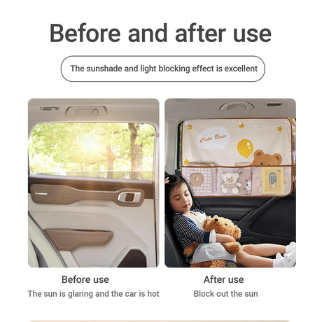 Cute Bear Car Sunshade Set of 2 – Side Window Curtain with Storage Mesh Pockets and Suction Cups for Kids – UV Protection & Heat Block (Beige)