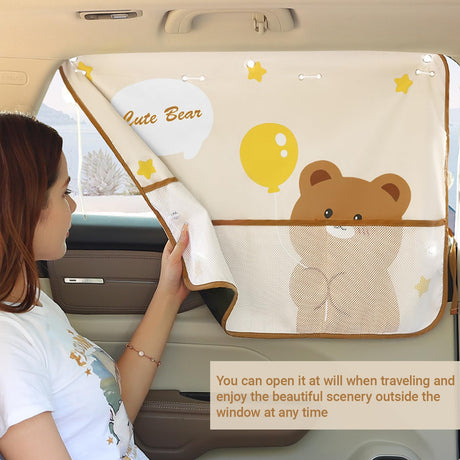 Cute Bear Car Sunshade Set of 2 – Side Window Curtain with Storage Mesh Pockets and Suction Cups for Kids – UV Protection & Heat Block (Beige)