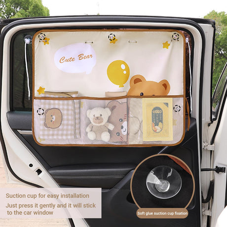 Cute Bear Car Sunshade Set of 2 – Side Window Curtain with Storage Mesh Pockets and Suction Cups for Kids – UV Protection & Heat Block (Beige)