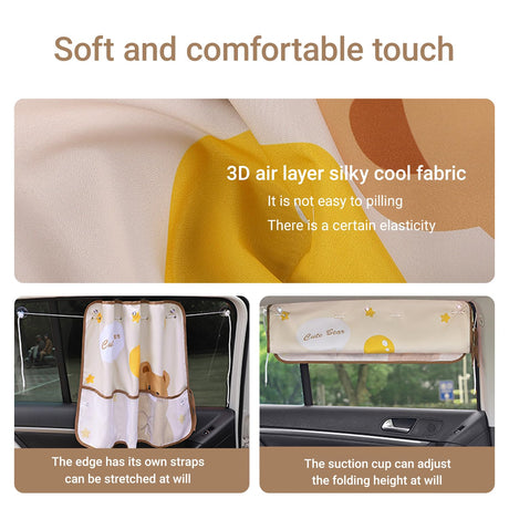 Cute Bear Car Sunshade Set of 2 – Side Window Curtain with Storage Mesh Pockets and Suction Cups for Kids – UV Protection & Heat Block (Beige)