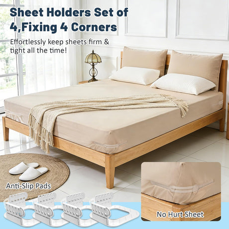 4-Piece Bed Sheet Holders Set – Adjustable No-Pin Fitted Sheet Clips for Mattress Corners, Prevents Sliding and Creasing (White)