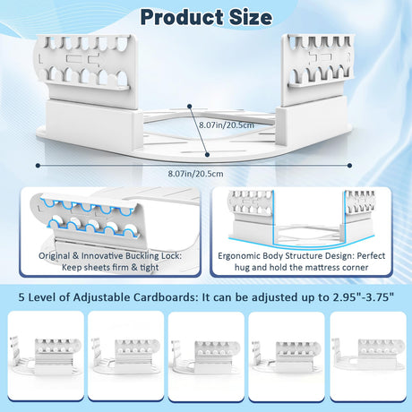 4-Piece Bed Sheet Holders Set – Adjustable No-Pin Fitted Sheet Clips for Mattress Corners, Prevents Sliding and Creasing (White)