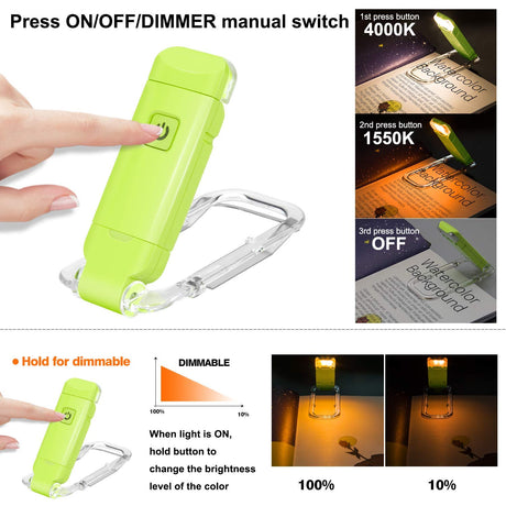 Rechargeable LED Book Light with Dimmable Warm White & Amber Modes – USB-Powered Clip-On Reading Lamp for Books, Sheet Music & Travel (Green)