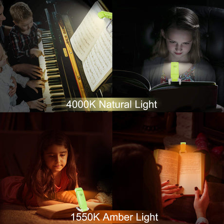 Rechargeable LED Book Light with Dimmable Warm White & Amber Modes – USB-Powered Clip-On Reading Lamp for Books, Sheet Music & Travel (Green)