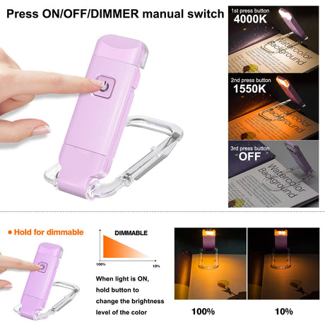 Rechargeable LED Book Light with Dimmable Warm White & Amber Modes – USB-Powered Clip-On Reading Lamp for Books, Sheet Music & Travel (Purple)