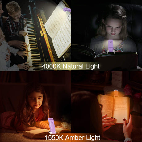Rechargeable LED Book Light with Dimmable Warm White & Amber Modes – USB-Powered Clip-On Reading Lamp for Books, Sheet Music & Travel (Purple)