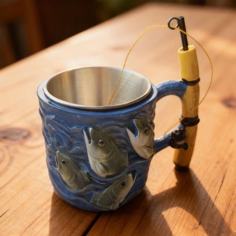 Fishing Rod Ceramic Mug with Realistic Fish Design, 100ml Mini Coffee Cup for Anglers – Durable & Fun Gift for Outdoor Enthusiasts, Office, Camping, or Home Use (Blue)