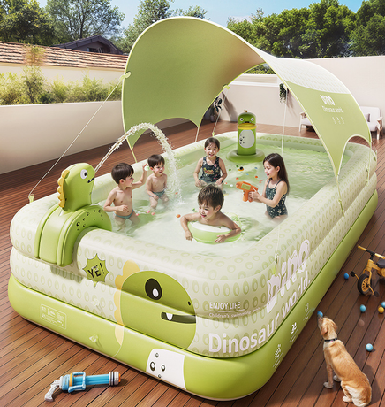 Inflatable Swimming Pool 210×140×56cm with Canopy & Dinosaur Spray – Kids Outdoor Water Play Set for Backyard, Garden, Summer Fun (Green)