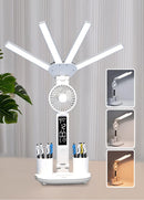 4-Arm Foldable LED Desk Lamp with Built-in Fan, Digital Clock, Temp Display & Dual Pen Holders – 3-Color Lighting, Infinite Dimming, USB-C Charging, Eye-Caring Light for Study, Work, Reading; Compact & Modern Design (White)