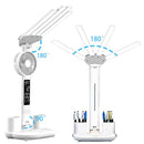 4-Arm Foldable LED Desk Lamp with Built-in Fan, Digital Clock, Temp Display & Dual Pen Holders – 3-Color Lighting, Infinite Dimming, USB-C Charging, Eye-Caring Light for Study, Work, Reading; Compact & Modern Design (White)