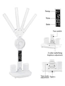 4-Arm Foldable LED Desk Lamp with Built-in Fan, Digital Clock, Temp Display & Dual Pen Holders – 3-Color Lighting, Infinite Dimming, USB-C Charging, Eye-Caring Light for Study, Work, Reading; Compact & Modern Design (White)