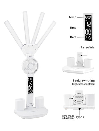 4-Arm Foldable LED Desk Lamp with Built-in Fan, Digital Clock, Temp Display & Dual Pen Holders – 3-Color Lighting, Infinite Dimming, USB-C Charging, Eye-Caring Light for Study, Work, Reading; Compact & Modern Design (White)