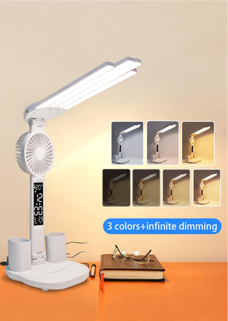 4-Arm Foldable LED Desk Lamp with Built-in Fan, Digital Clock, Temp Display & Dual Pen Holders – 3-Color Lighting, Infinite Dimming, USB-C Charging, Eye-Caring Light for Study, Work, Reading; Compact & Modern Design (White)