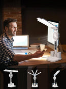 4-Arm Foldable LED Desk Lamp with Built-in Fan, Digital Clock, Temp Display & Dual Pen Holders – 3-Color Lighting, Infinite Dimming, USB-C Charging, Eye-Caring Light for Study, Work, Reading; Compact & Modern Design (White)