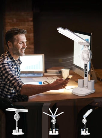 4-Arm Foldable LED Desk Lamp with Built-in Fan, Digital Clock, Temp Display & Dual Pen Holders – 3-Color Lighting, Infinite Dimming, USB-C Charging, Eye-Caring Light for Study, Work, Reading; Compact & Modern Design (White)