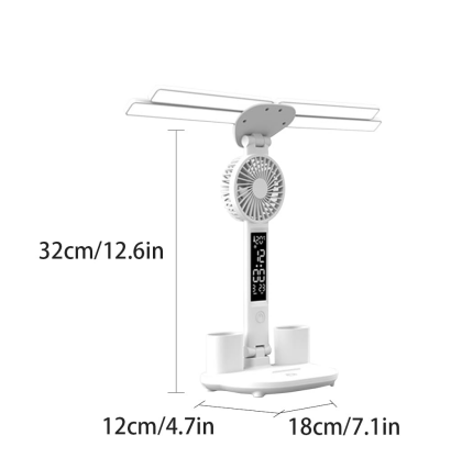4-Arm Foldable LED Desk Lamp with Built-in Fan, Digital Clock, Temp Display & Dual Pen Holders – 3-Color Lighting, Infinite Dimming, USB-C Charging, Eye-Caring Light for Study, Work, Reading; Compact & Modern Design (White)