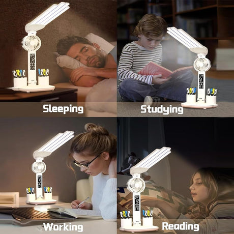 4-Arm Foldable LED Desk Lamp with Built-in Fan, Digital Clock, Temp Display & Dual Pen Holders – 3-Color Lighting, Infinite Dimming, USB-C Charging, Eye-Caring Light for Study, Work, Reading; Compact & Modern Design (White)