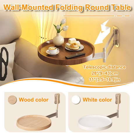 Wall-Mounted Foldable Round Table – Telescopic Adjustable Bedside Desk with Aluminum Alloy Support, Multi-Use Floating Table for Bedroom, Living Room, Balcony (Walnut)