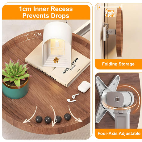 Wall-Mounted Foldable Round Table – Telescopic Adjustable Bedside Desk with Aluminum Alloy Support, Multi-Use Floating Table for Bedroom, Living Room, Balcony (Walnut)
