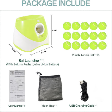 Automatic Dog Ball Launcher with 15 Mini Tennis Balls & Mesh Bag – Rechargeable Pet Toy for Small Dogs, Adjustable Launch Distance, Interactive Play (Light Green)