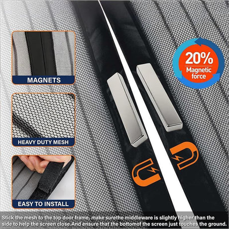 Magnetic Screen Door 110cm x 210cm – Self-Adhesive Mesh Netting for Mosquito & Wasp Protection, Indoor Outdoor Use, (Black,XL)