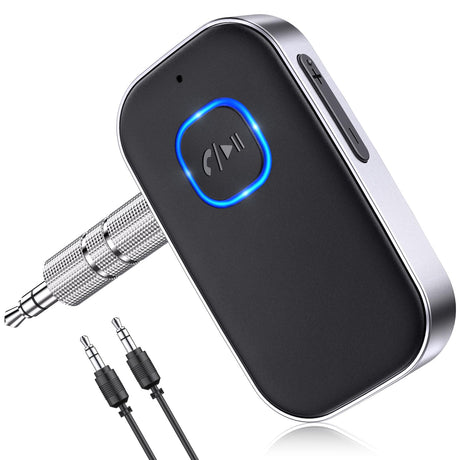 Bluetooth 5.3 Audio Receiver with Mic – Wireless AUX Adapter for Car Stereo, Speakers & Headphones, CVC8.0 Noise Cancellation, Dual Pairing, 16H Battery (Black)