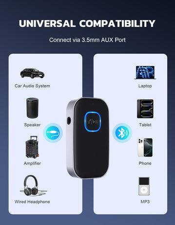 Bluetooth 5.3 Audio Receiver with Mic – Wireless AUX Adapter for Car Stereo, Speakers & Headphones, CVC8.0 Noise Cancellation, Dual Pairing, 16H Battery (Black)