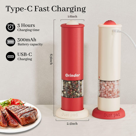 High-Performance USB-C Electric Pepper & Salt Grinder Set – Adjustable Coarseness, One-Touch Operation – Ceramic Grinding, Washable, Fast Charging – Kitchen Essential (Red & White)